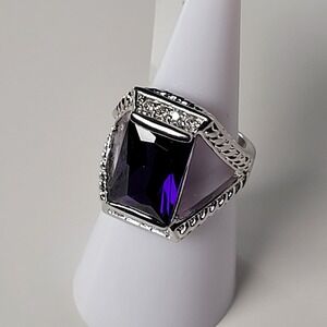Purple Glass Stone Ring Rhodium Plated Statement Ring Size 6.5 Chunky Geometric